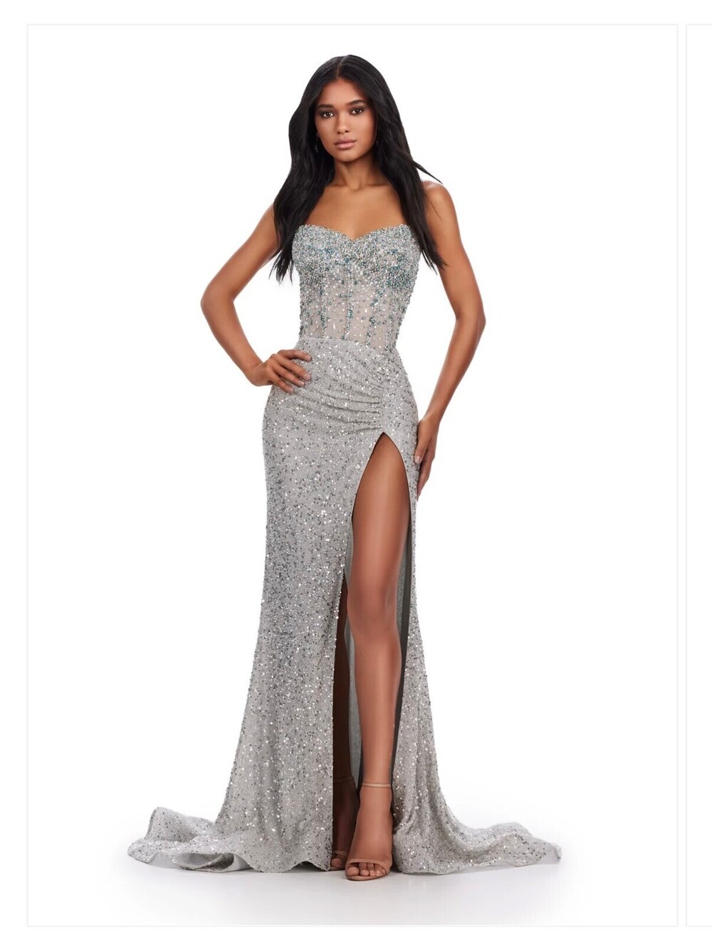 Silver Beaded Strapless Fitted Prom Dress Thigh-High Slit Illusion Corset Size 4